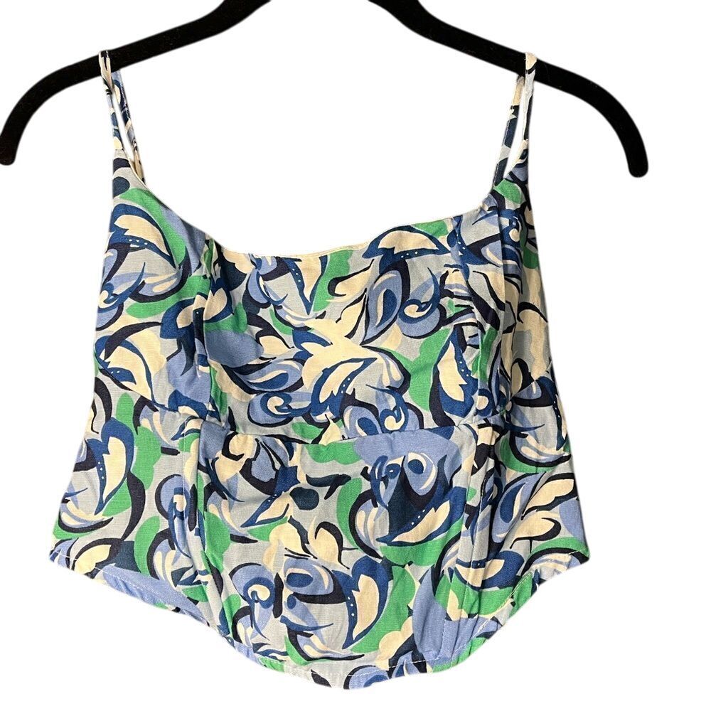 Retro Abstract Print Cropped Swim Tank Blue Green White Summer Beach Pool A40